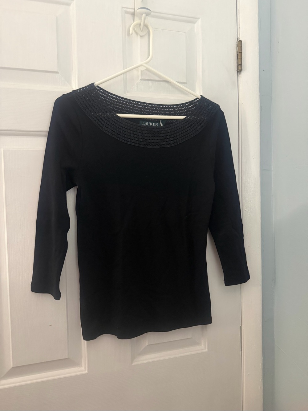 Lauren Ralph Lauren PM Black Crochet Neck 3/4 Sleeve Cotton Top